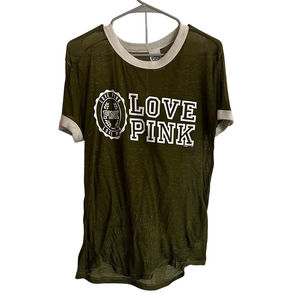 PINK Victoria's Secret Women's Sheer Graphic Love Pink T-Shirt Sz M Olive Green